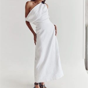 DISSH CASS WHITE LINEN ASYM MIDI DRESS
